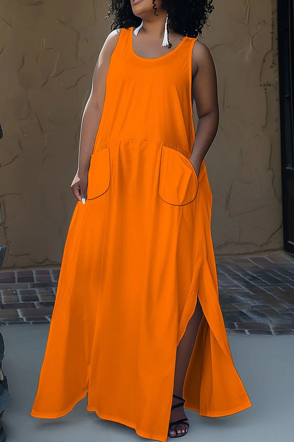 Casual Patched Pocket Split Hem Maxi Dress