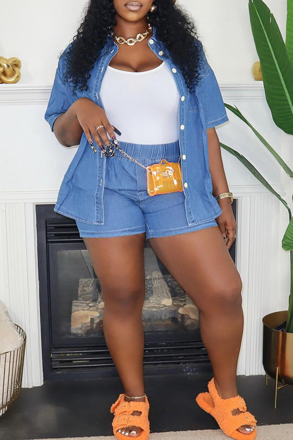 Casual Denim Button Up Top & Shorts Set