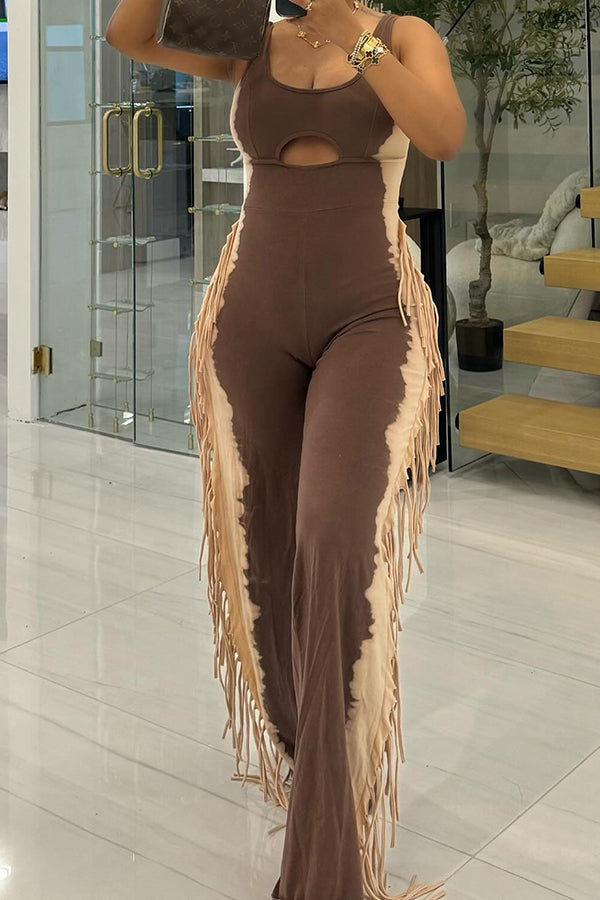 Stylish Two Tone Tassel Hem Jumpsuit