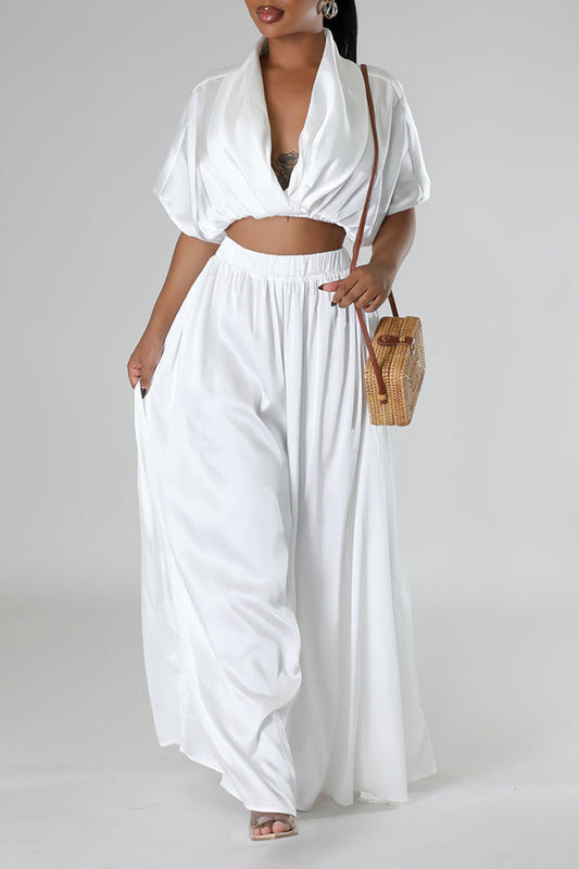 V-Neck Satin Crop Top & Wide-Leg Pants Set