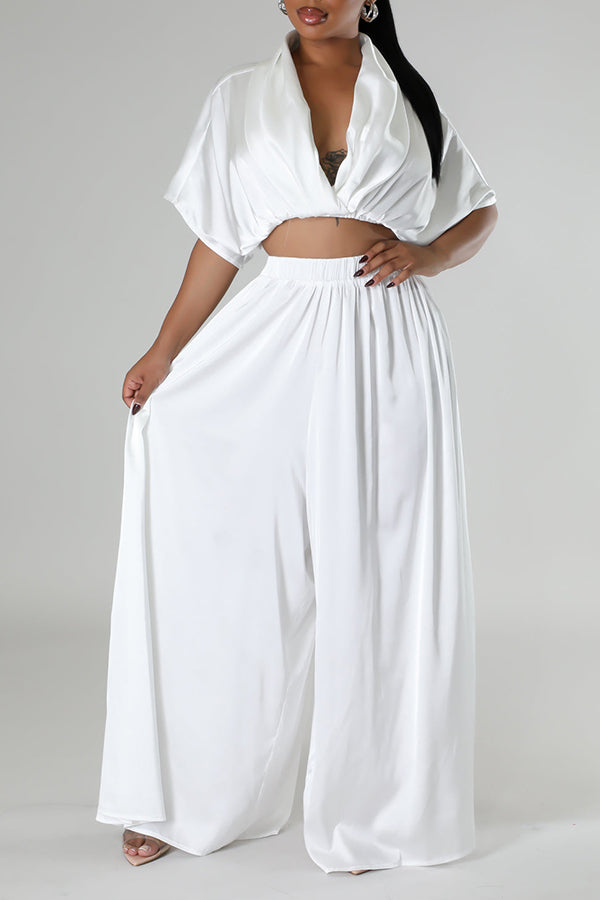 V-Neck Satin Crop Top & Wide-Leg Pants Set