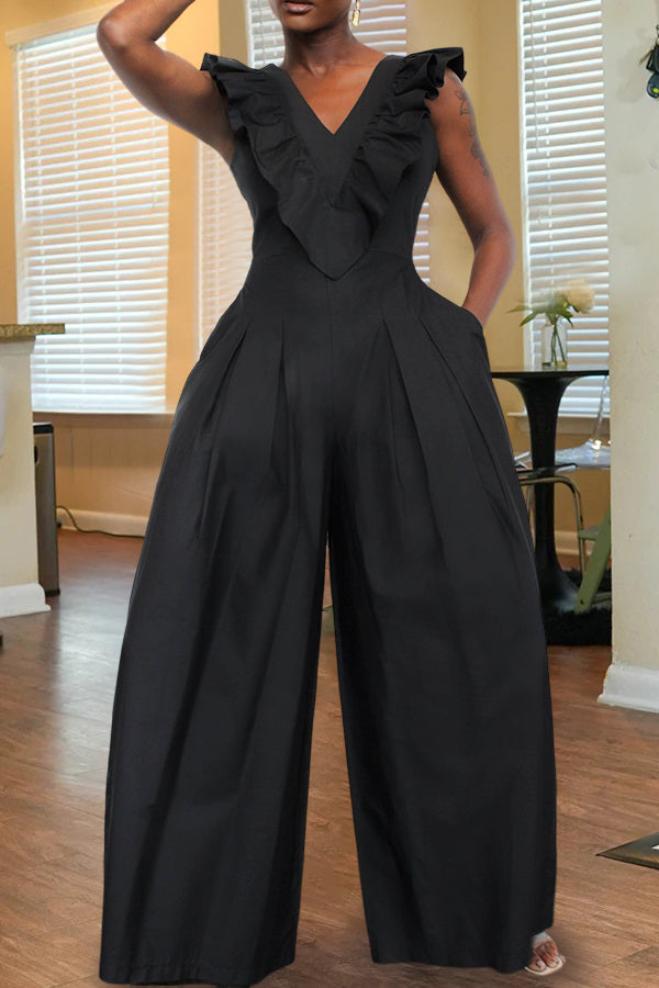 Ruffled V Neck Wide Leg Jumpsuit