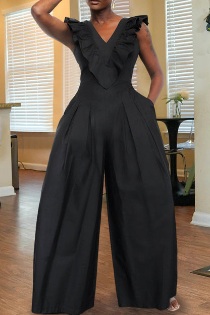 Ruffled V Neck Wide Leg Jumpsuit