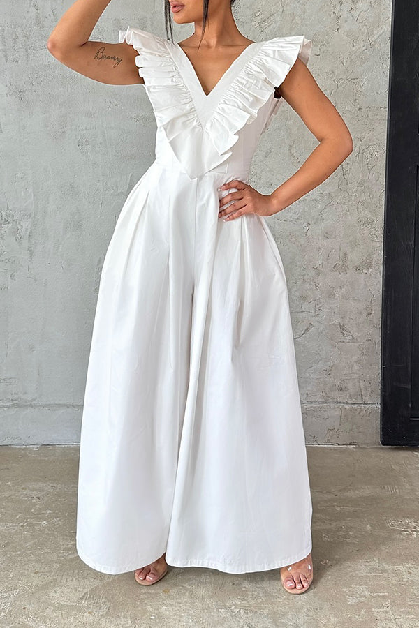 Ruffled V Neck Wide Leg Jumpsuit