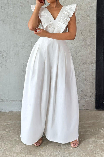 Ruffled V Neck Wide Leg Jumpsuit