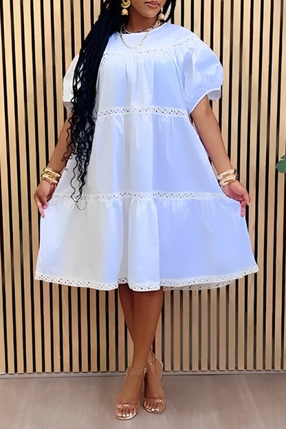 Round Neck Puff Sleeve Lace Stitching Dress