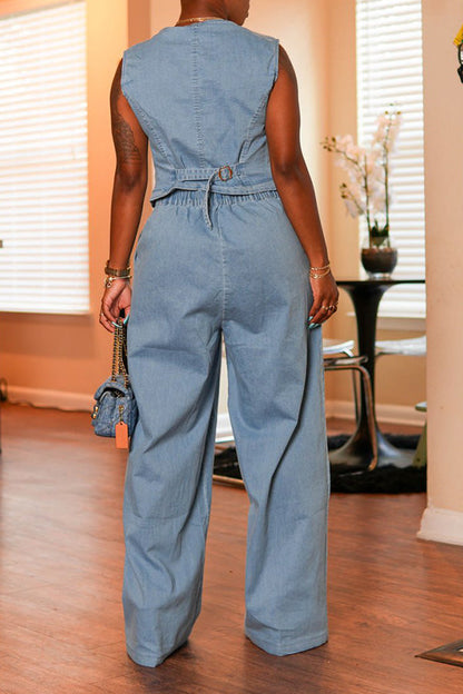 V-Neck Single Breasted Top & Pants Denim Set