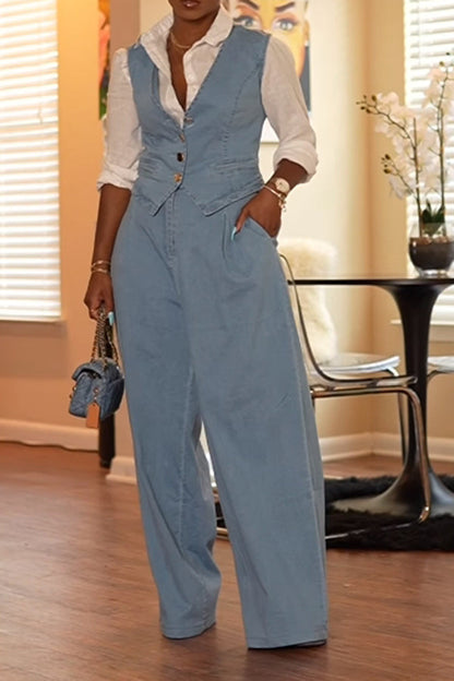 V-Neck Single Breasted Top & Pants Denim Set