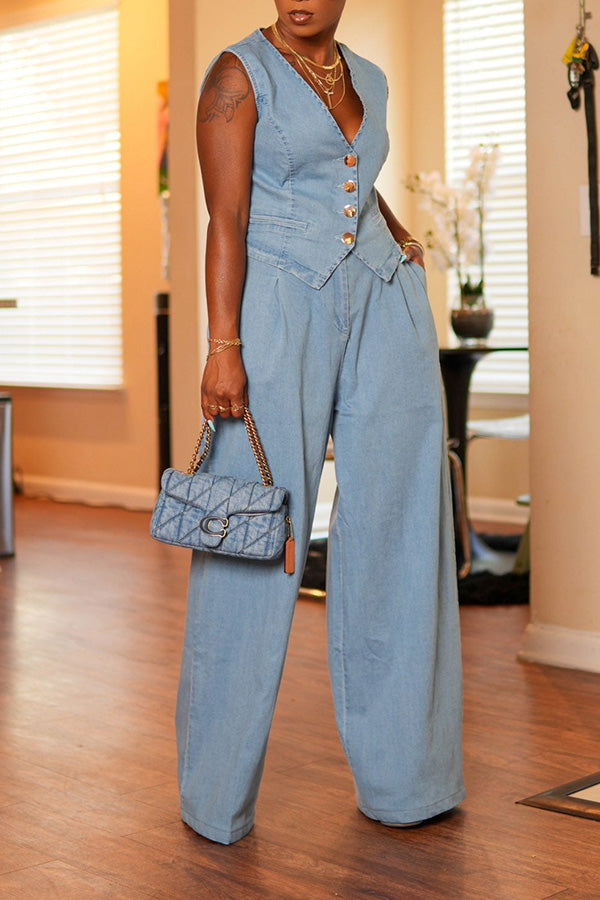 V-Neck Single Breasted Top & Pants Denim Set