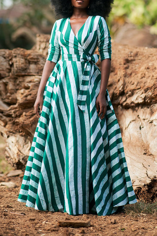 Overlap Collar Striped A-Line Hem Maxi Dress