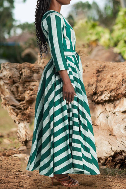 Overlap Collar Striped A-Line Hem Maxi Dress