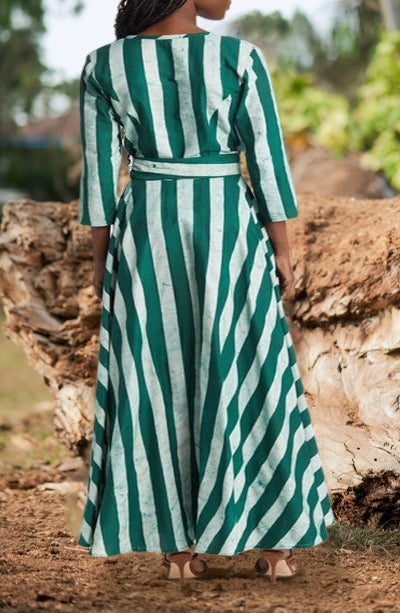 Overlap Collar Striped A-Line Hem Maxi Dress