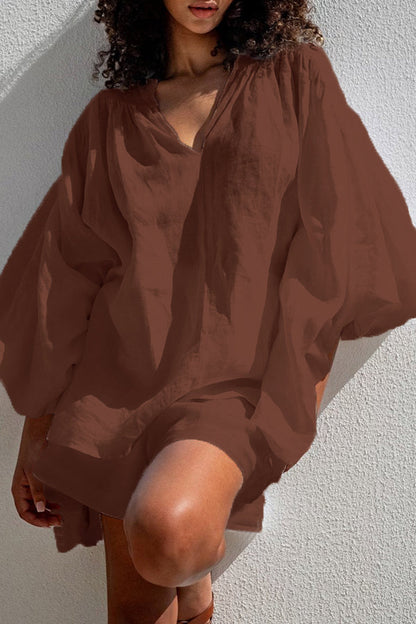 Cozy V-Neck Puff Sleeve Top & Shorts Set