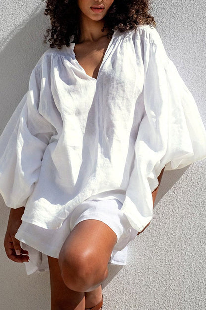 Cozy V-Neck Puff Sleeve Top & Shorts Set