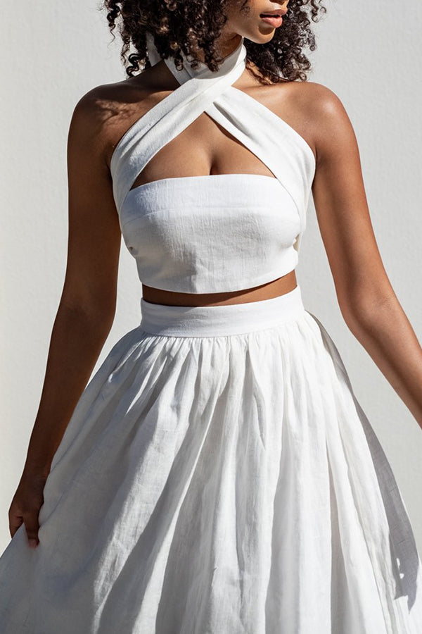 Stylish Halter Solid Top & Skirt Set