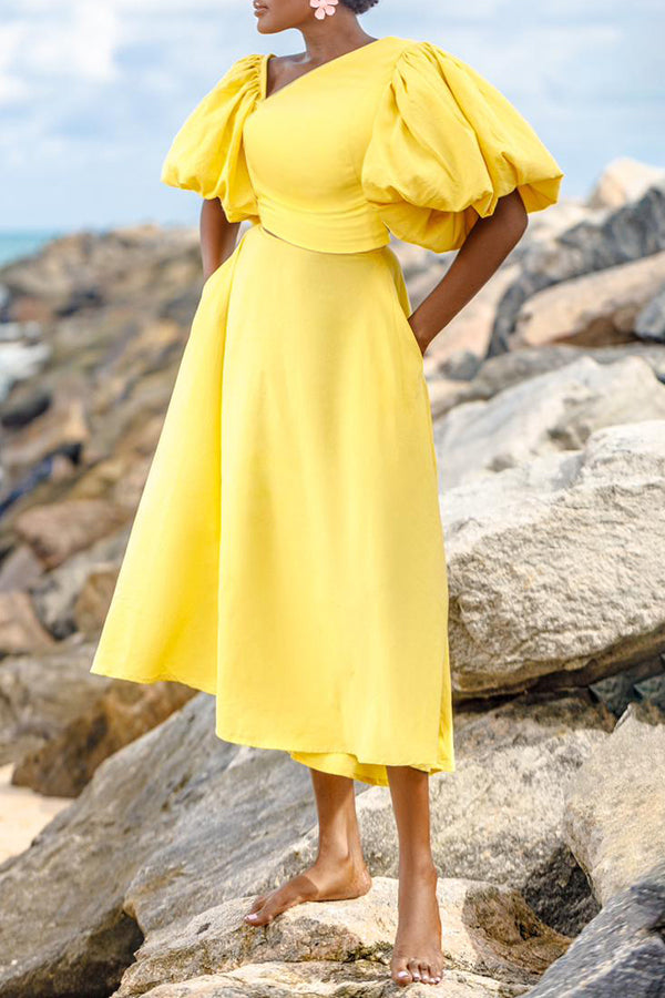 Stylish Asymmetrical Neck Puff Sleeve Top & Skirt Set