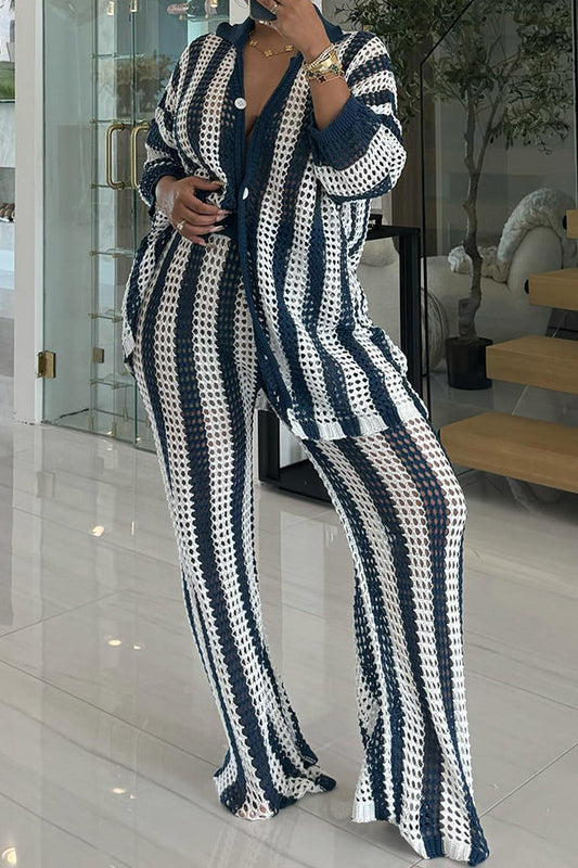 Casual Striped Knit Cardigan & Pants Set