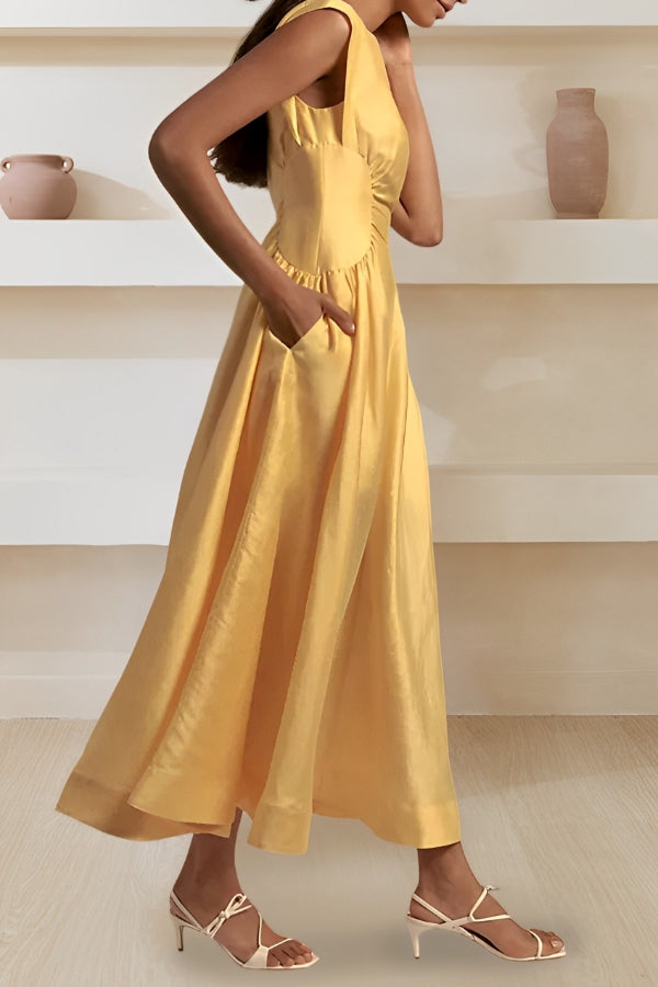 Elegant Round Neck Waist Pleats Dress