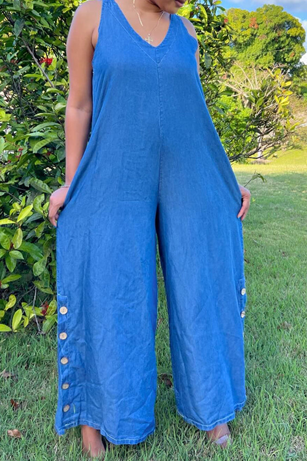 Casual Cozy Button Decoration Loose Solid Jumpsuit