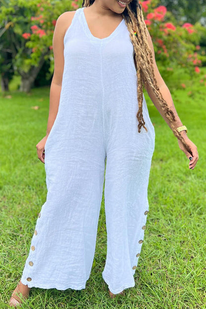 Casual Cozy Button Decoration Loose Solid Jumpsuit