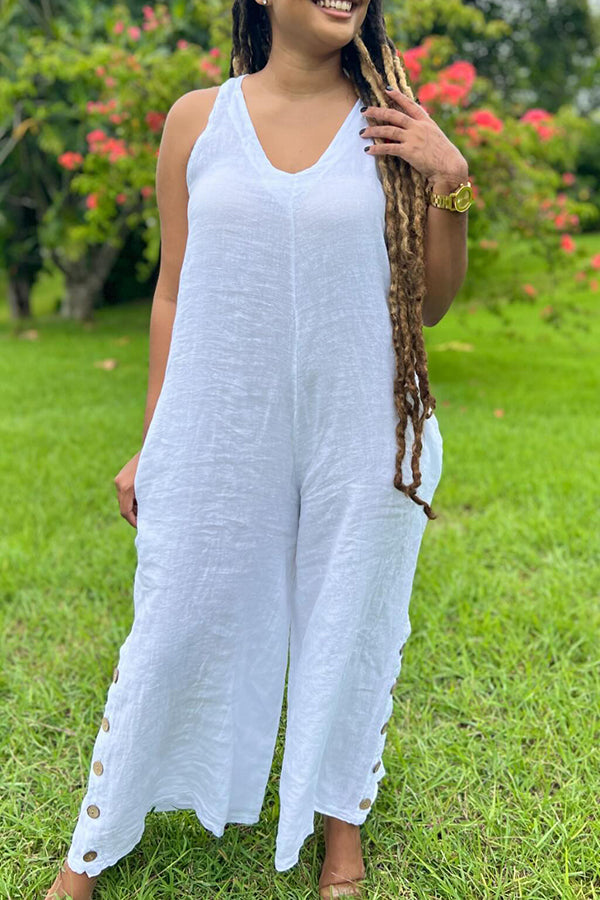 Casual Cozy Button Decoration Loose Solid Jumpsuit