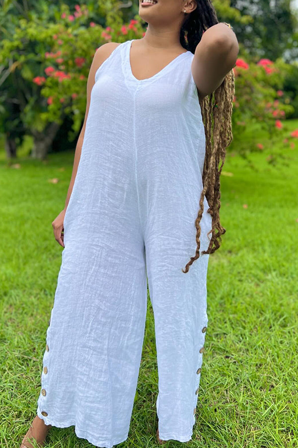 Casual Cozy Button Decoration Loose Solid Jumpsuit