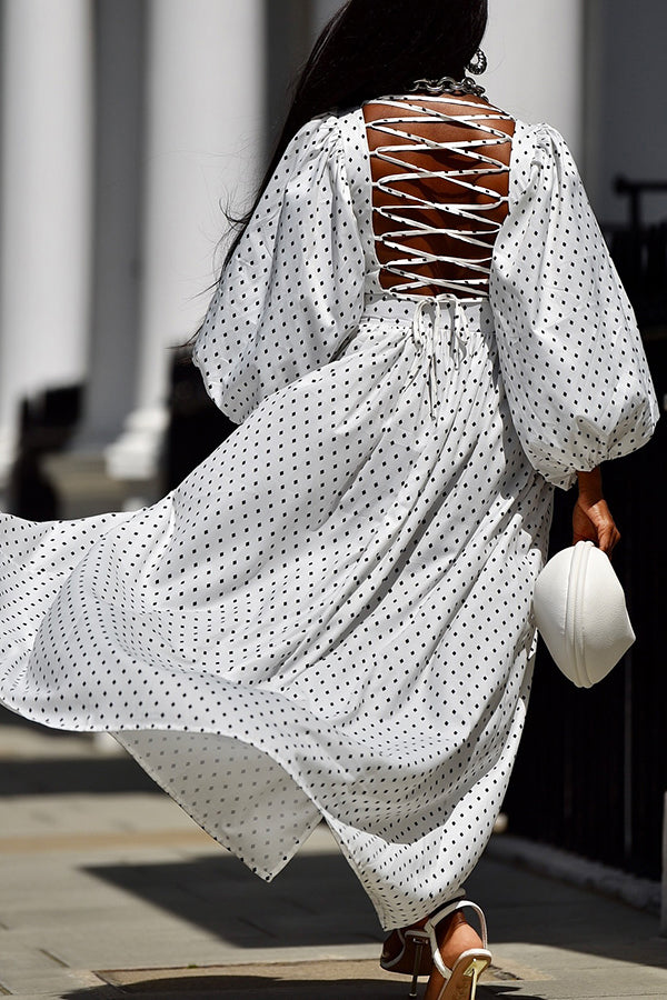 Stylish Lantern Sleeve Polka Dot Maxi Dress