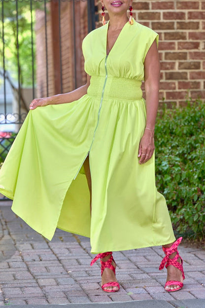 Classic Smock Waist V-Neck Midi Dress