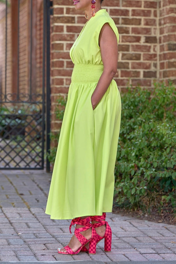 Classic Smock Waist V-Neck Midi Dress