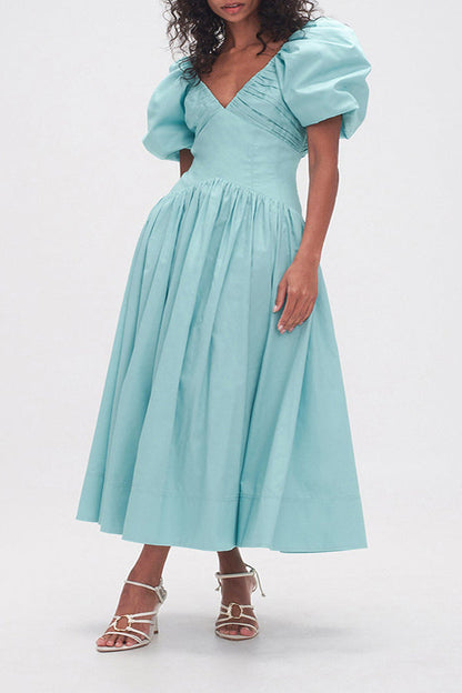 Elegant Puff Sleeve V-Neck Midi Dress