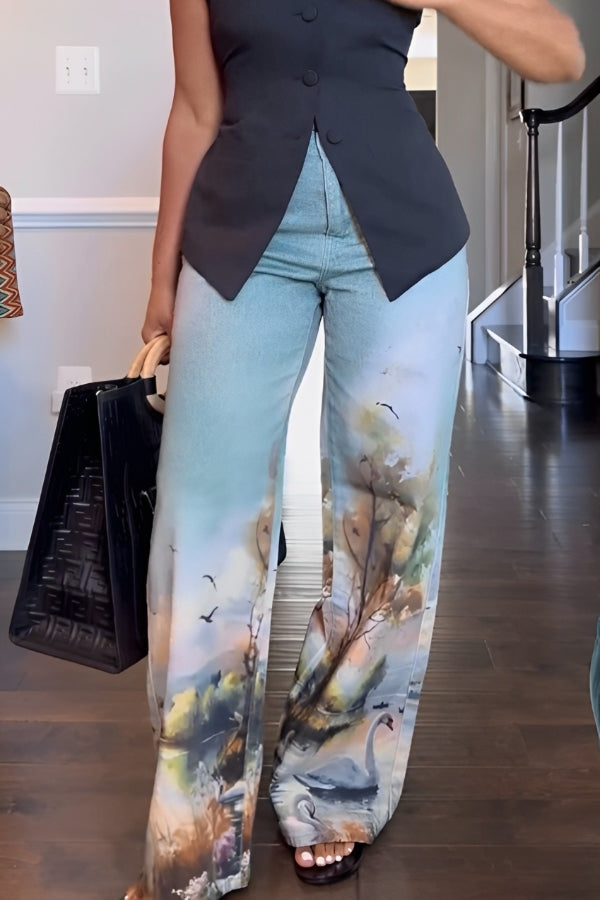 Stylish Abstract Print Straight Leg Pants