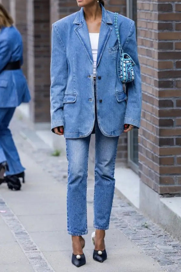 Classic Broad Shoulders Denim Blazer