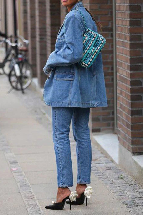 Classic Broad Shoulders Denim Blazer