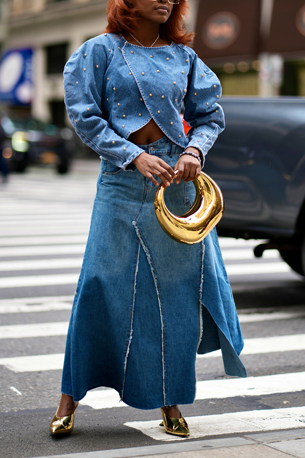 Unique Design Paneled Slit Denim Skirt