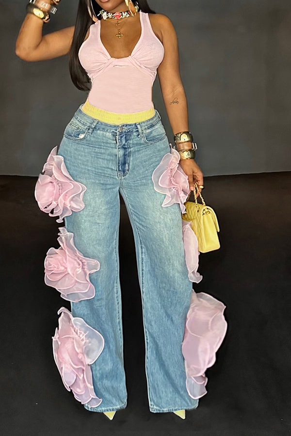 Stylish Rosette Wide-leg Jeans