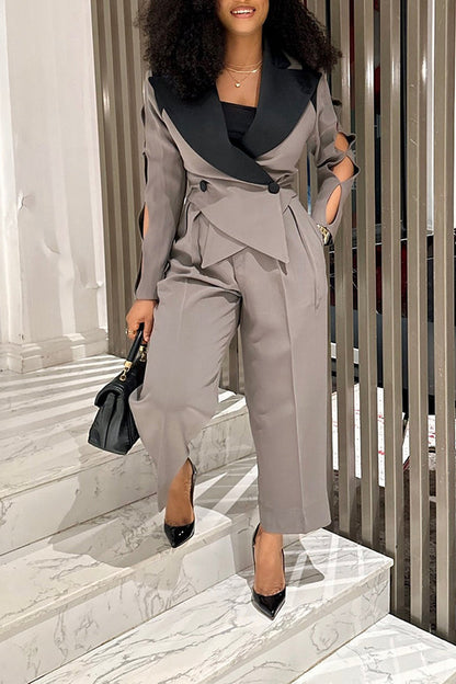 Stylish Peak Collar Colorblock Blazer & Pants Set