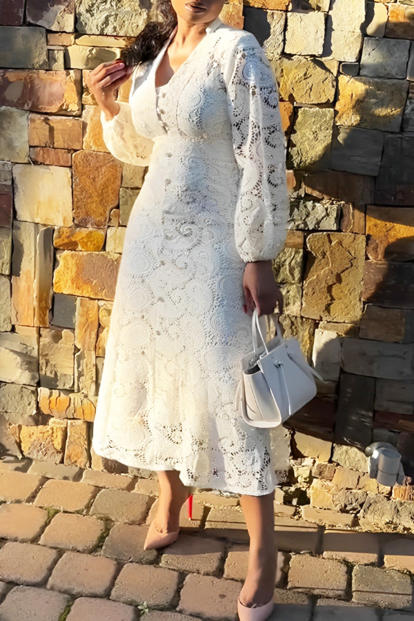 Elegant Lattern Sleeve Lace Hollow Out Midi Drees