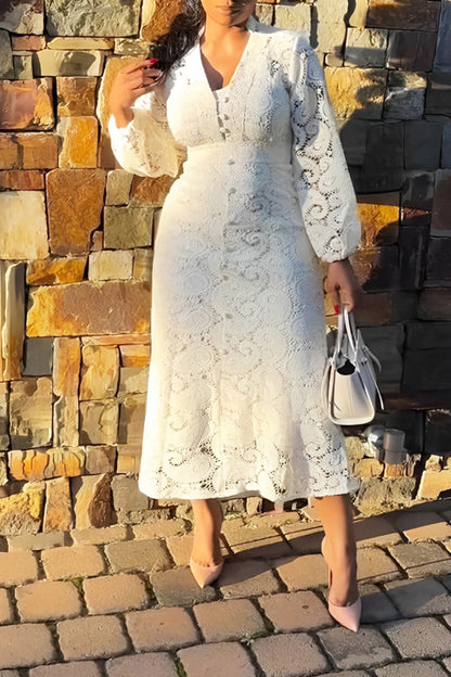 Elegant Lattern Sleeve Lace Hollow Out Midi Drees