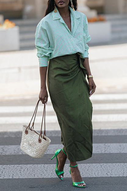 Basic Striped Loose Shirt & Ruffled Slit Skirt Set