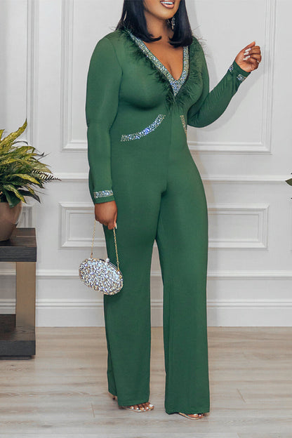 Chic V-Neck Applique Feather Decoration Jumpsuit