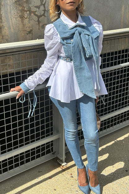 Casual Gigot Sleeve Denim Splicing Top