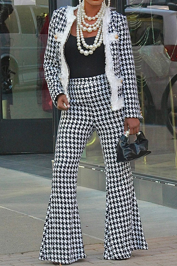 Classic Houndstooth Coat & Flare Leg Pants Set