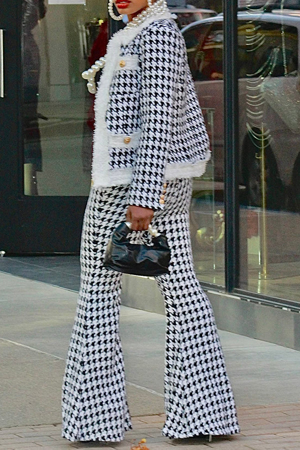 Classic Houndstooth Coat & Flare Leg Pants Set