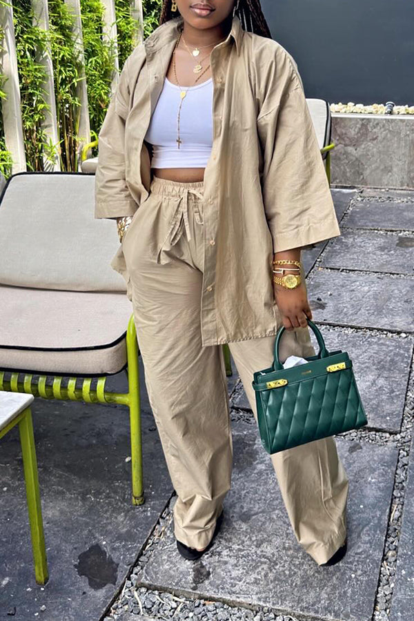 Casual Button Up Shirt & Drawstring Waist Pants Set