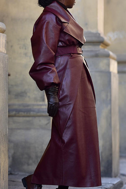 Stylish Elastic Hem Leather Coat & Ruched skirt Set