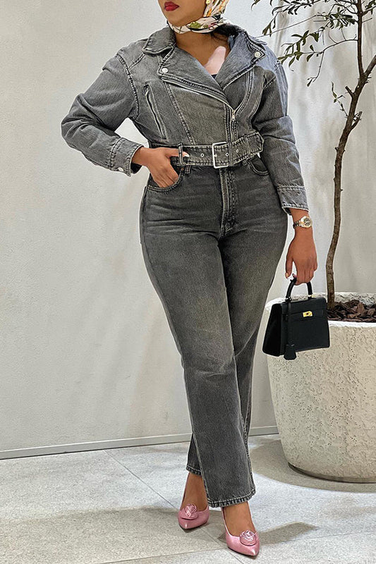 Casual Lapel Neck Denim Coat & Jeans Set