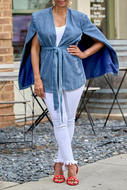 Stylish Cloak Sleeve V-Neck Denim Coat