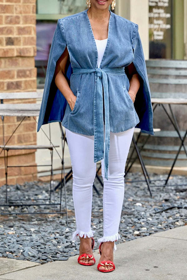 Stylish Cloak Sleeve V-Neck Denim Coat