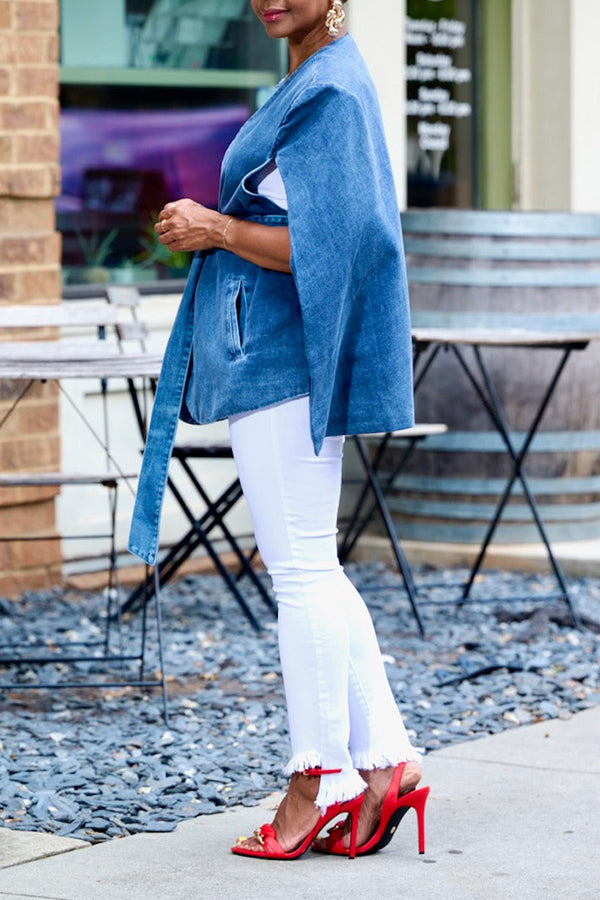 Stylish Cloak Sleeve V-Neck Denim Coat