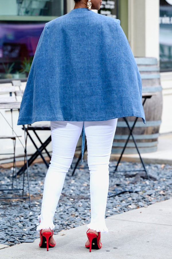 Stylish Cloak Sleeve V-Neck Denim Coat